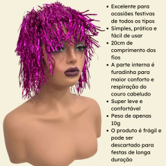 Peruca metalizada festa fantasia carnaval franja colorida