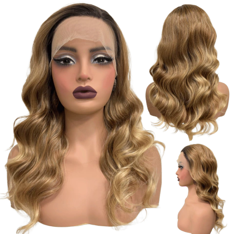 Peruca front lace castanho loiro mel médio fibra premium