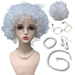 Imagem do Kit peruca da vovó vovozinha idosa cacheada óculos colar