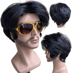 Peruca Elvis Presley Preta Lisa com Óculos Fantasia Festa
