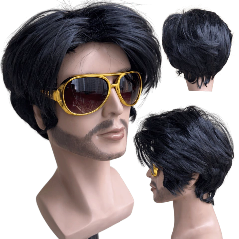 Peruca Elvis Presley Preta Lisa com Óculos Fantasia Festa