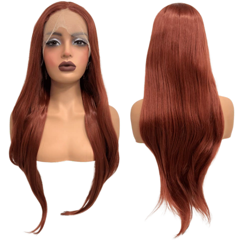 Peruca front lace ruiva cobre 13x2 lisa 80cm fibra premium