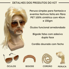 Peruca Retrô Anos 80 Rock Com Bigode Óculos Cordão Fantasia - Perucas & Laces LIONSWIG