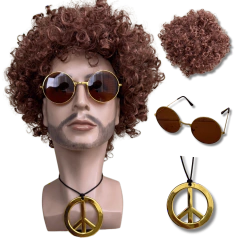 Peruca Hippie Afro Retrô colar e óculos festa anos 50 60 70 - Perucas & Laces LIONSWIG