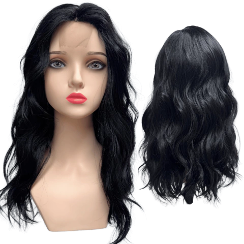 Peruca ondulada preta com repartição fixa ao meio mini lace