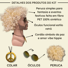 Peruca Hippie Afro Retrô colar e óculos festa anos 50 60 70