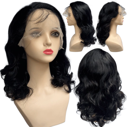 Peruca front lace HD humana ondulada preto natural 40cm