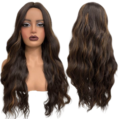 Peruca ondulada longa repartição fixa ao meio 65cm kanekalon