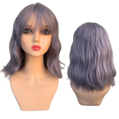 Peruca curta médio lisa ondulada roxa lilás franja kawai - Perucas & Laces LIONSWIG