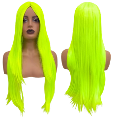 Peruca verde neon amarela lisa com divisão ao meio 70cm