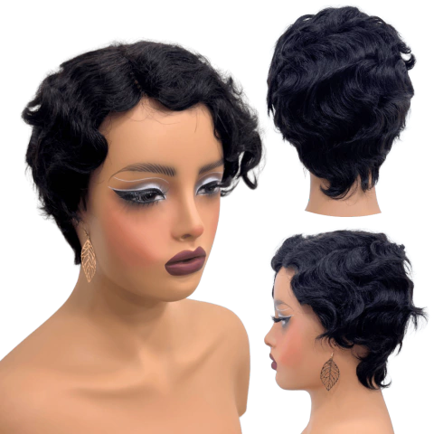 Peruca humana curta lace preta pixie cacheada encaracolada