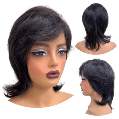 Peruca Humana Média Castanho Escuro Franja Repicada Mullets