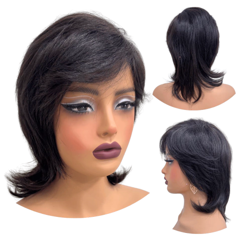 Peruca Humana Média Castanho Escuro Franja Repicada Mullets