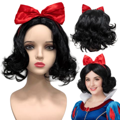Peruca Branca de Neve preta curta tiara arco laço vermelho