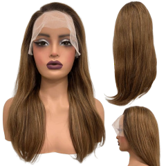 Peruca front lace HD humana lisa castanho claro loira 55cm