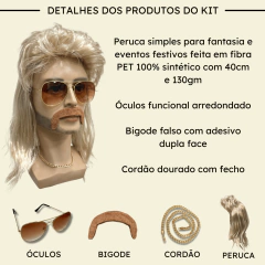Peruca Retrô Anos 80 Rock Com Bigode Óculos Cordão Fantasia - comprar online
