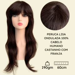 Peruca Humana Castanho Escuro Com Franja Lisa Ondulada 60cm na internet