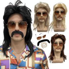 Peruca Retrô Anos 80 Rock Com Bigode Óculos Cordão Fantasia