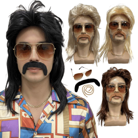 Peruca Retrô Anos 80 Rock Com Bigode Óculos Cordão Fantasia