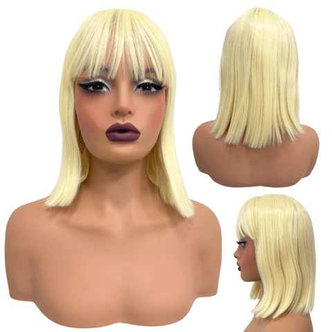 Peruca lisa loira claro branco platinada orgânica 30cm long bob