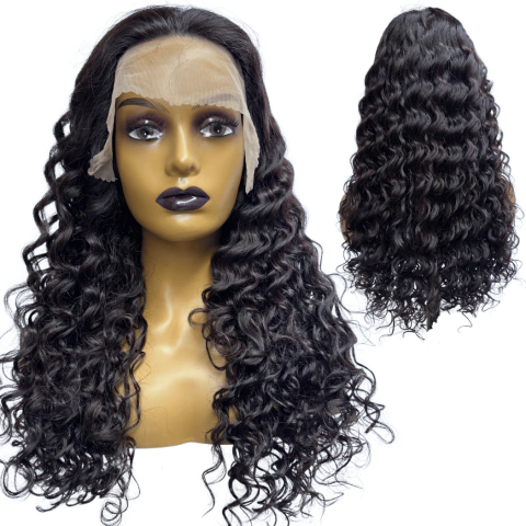 Peruca front lace HD humana cacheada preto natural 55cm