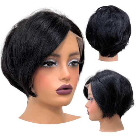 Peruca Curta Front Lace Humana Preta Repicada Lisa 13cm