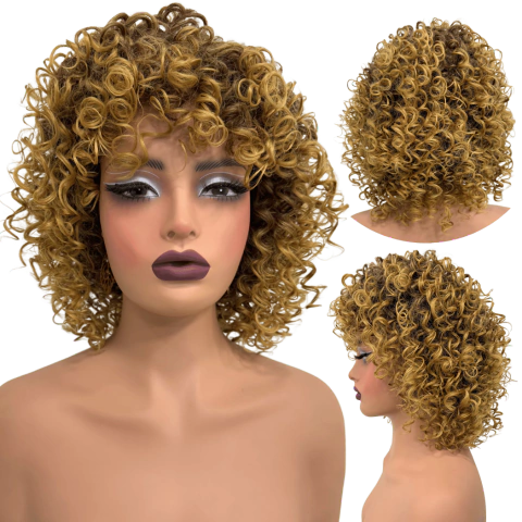 Peruca Cacheada Loira com Mechas Curta Média Black Power