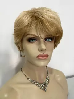 Peruca curta loira claro com franja e mechas unissex premium