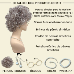 Kit peruca da vovó vovozinha idosa cacheada óculos colar - loja online
