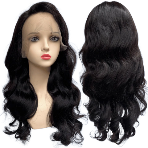 Peruca front lace HD humana ondulada preto natural 55cm