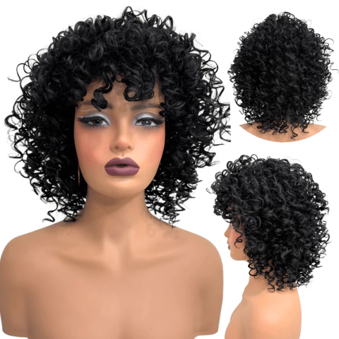 Peruca Cacheada Preta Curta Média Volumosa Black Power 50cm