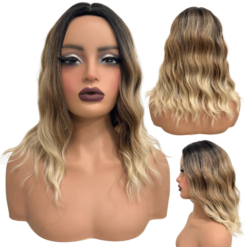 Peruca ombre hair curta média castanho loira com mechas 35cm