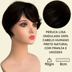 Peruca curta preta humana lisa ondulada com franja unissex - comprar online