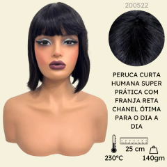 Peruca humana curta preta natural lisa 25cm com franja bob - loja online