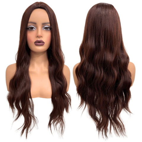 Peruca Lisa Ondulada Cacheada Castanho Escuro Silk Top 75cm