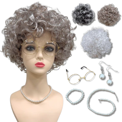 Kit peruca da vovó vovozinha idosa cacheada óculos colar