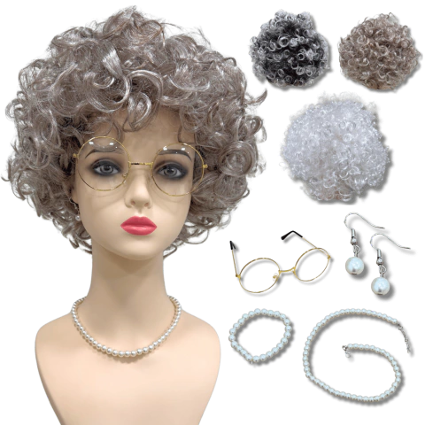Kit peruca da vovó vovozinha idosa cacheada óculos colar