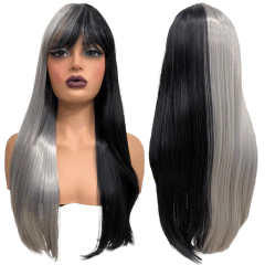 Peruca Cruela lisa preta metade cinza platinado com silk top