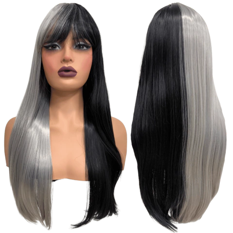 Peruca Cruela lisa preta metade cinza platinado com silk top