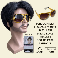 Peruca Elvis Presley Preta Lisa com Óculos Fantasia Festa - comprar online