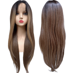 Peruca lisa longa repicada repartição fixa ao meio lace wig