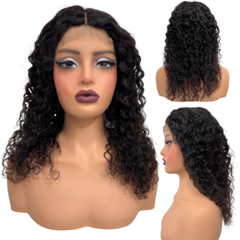 Peruca humana front lace 4x4 cacheada ondulada castanha 50cm