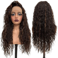 Peruca front lace castanho cacheada com mechas claras 70cm