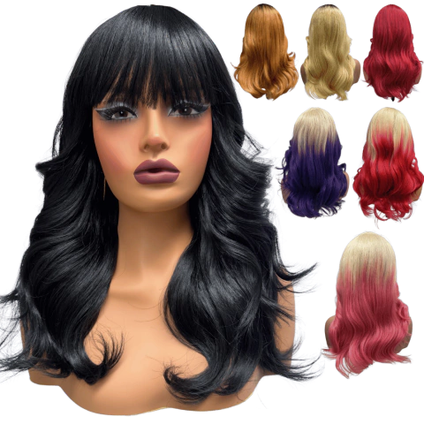 Peruca ondulada com franja orgânica baby liss fibra premium