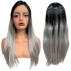 Peruca Ombre Hair Preta Cinza Platinada Franja Lisa Silk Top