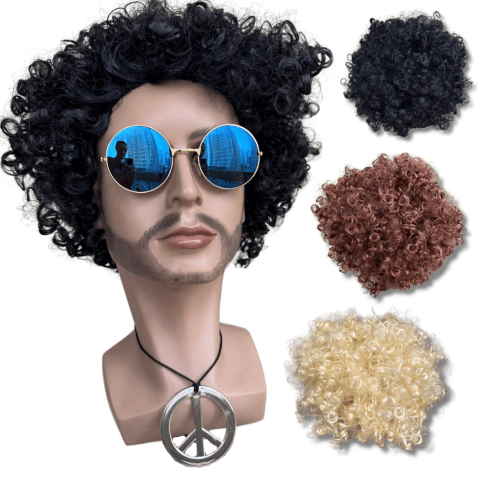 Peruca Hippie Afro Retrô colar e óculos festa anos 50 60 70