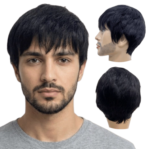 Peruca curta preta masculina cabelo humano liso unissex