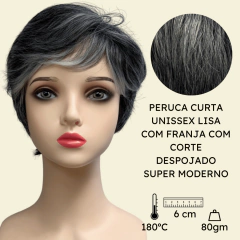 Peruca curta com franja unissex orgânica lisa repicada - loja online