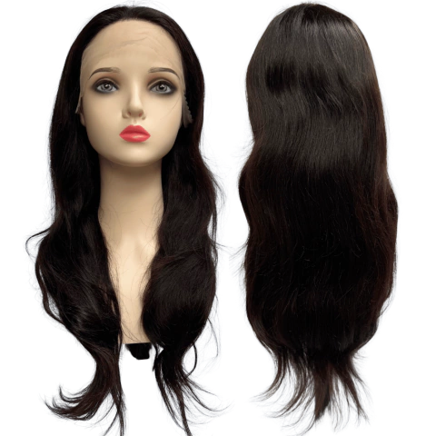 Peruca front lace HD humana ondulada castanho escuro 55cm