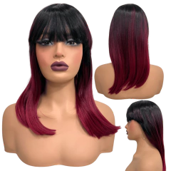 Peruca lisa marsala vermelha preta média com franja 40cm
